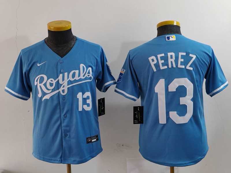 Youth Kansas City Royals #13 Salvador Perez Number Light Blue Cool Base Stitched Jersey